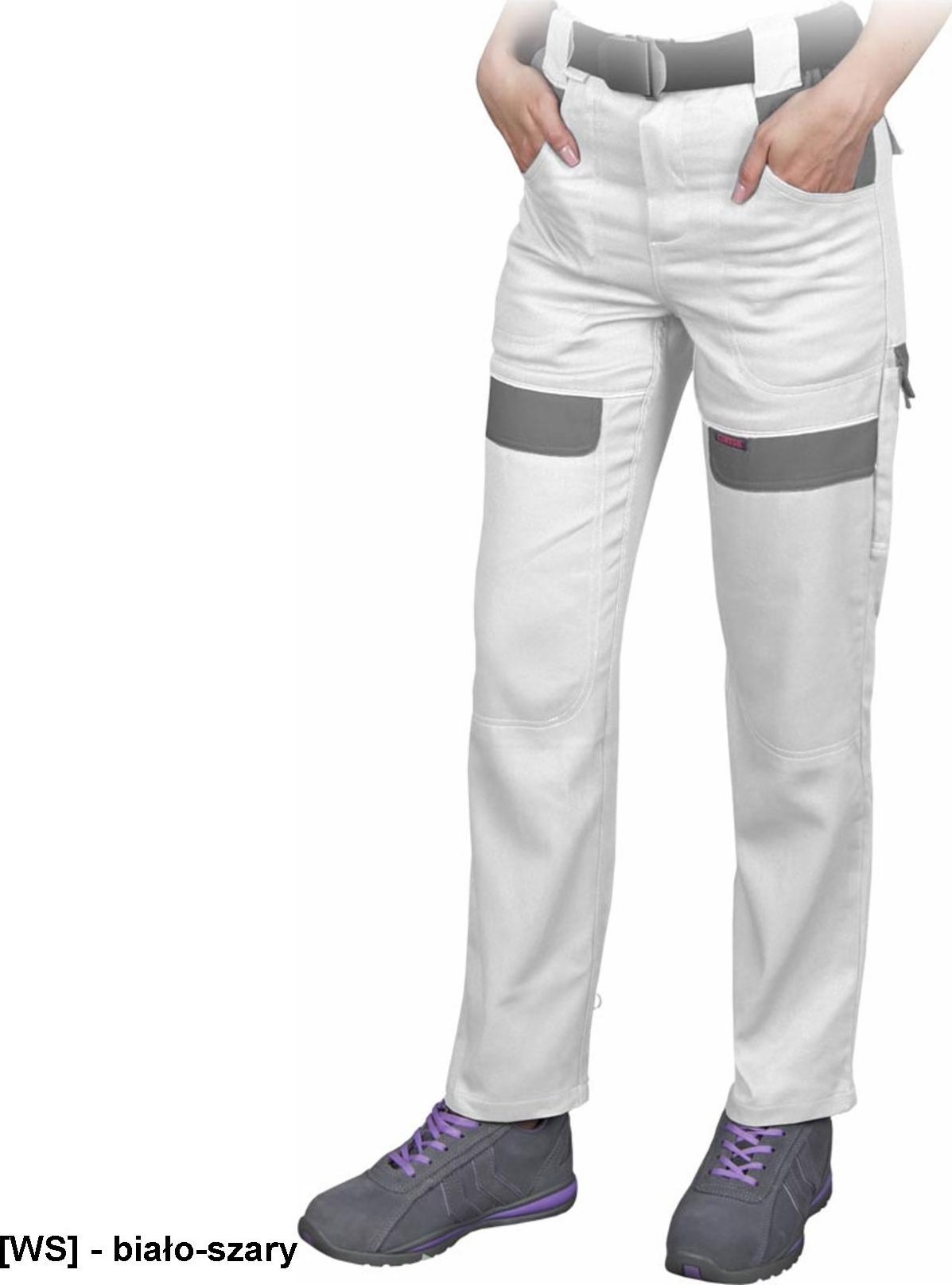 R.E.I.S. CORTON-L-T - Damskie spodnie ochronne do pasa CORTON, tkane 100% bawełna 260 g/m2 6 kieszeni elementy odlaskowe - biało-szary 36
