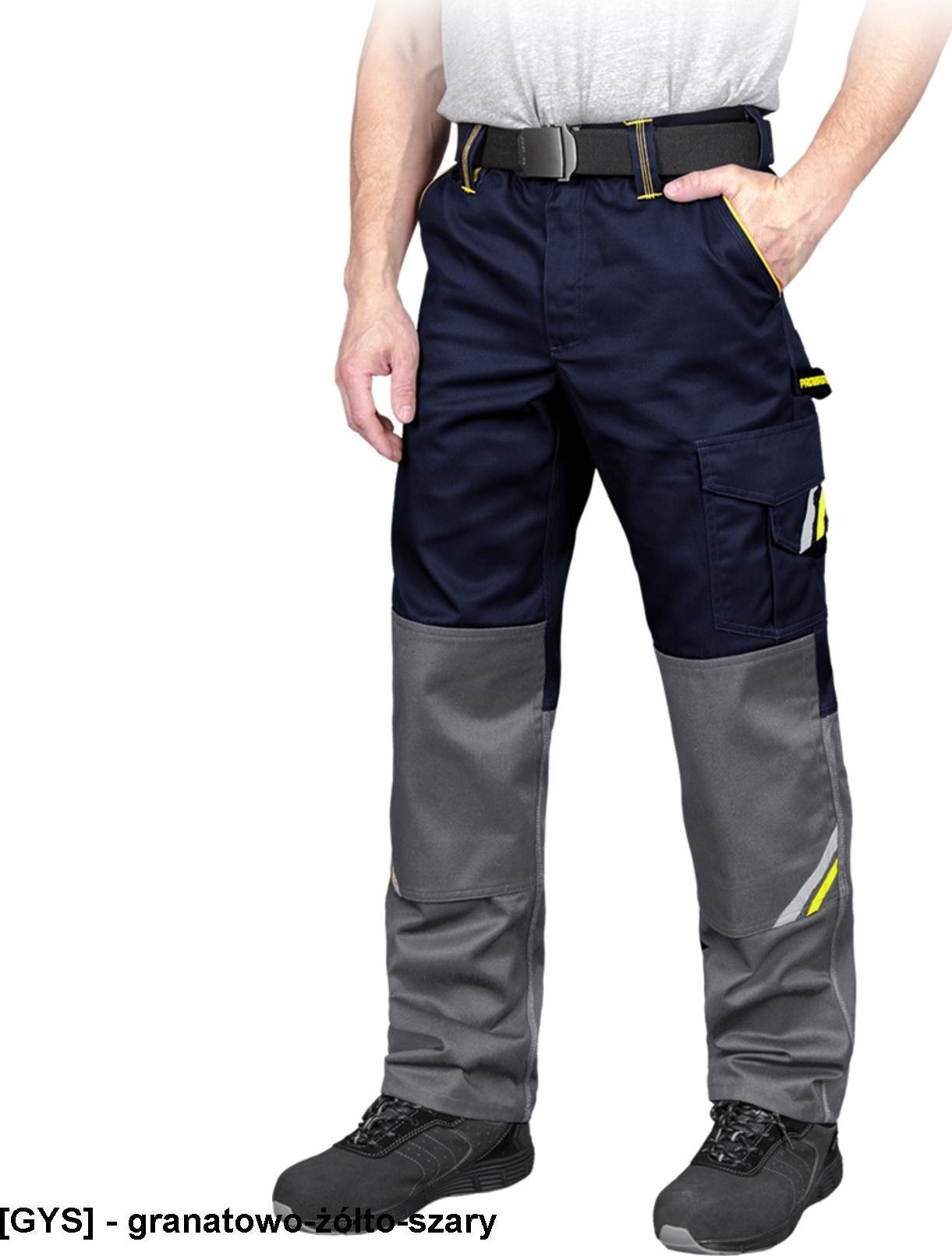 R.E.I.S. PROX-T - spodnie ochronne do pasa PROX, guzik, zamek, 6 kieszeni, na nakolanniki, odblaski, 65% poliester, 35% - granatowo-żółto-szary 46