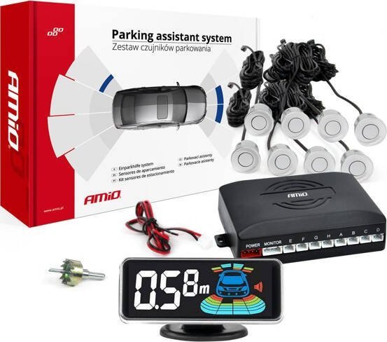 AMiO Czujniki parkowania cofania srebrne przód tył LED 3D AMIO-03193