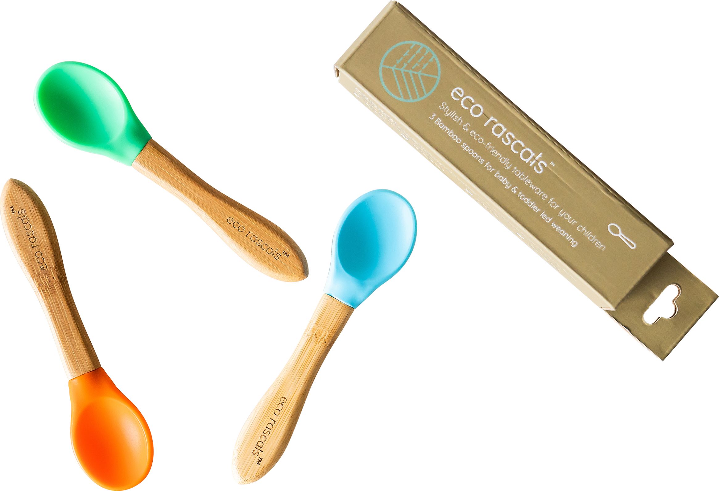 ECO RASCALS ECORASCALS Zestaw łyżeczek bambusowa z silikonową nakładką 3 SZT MIX (czerwona, niebieska, zielona)