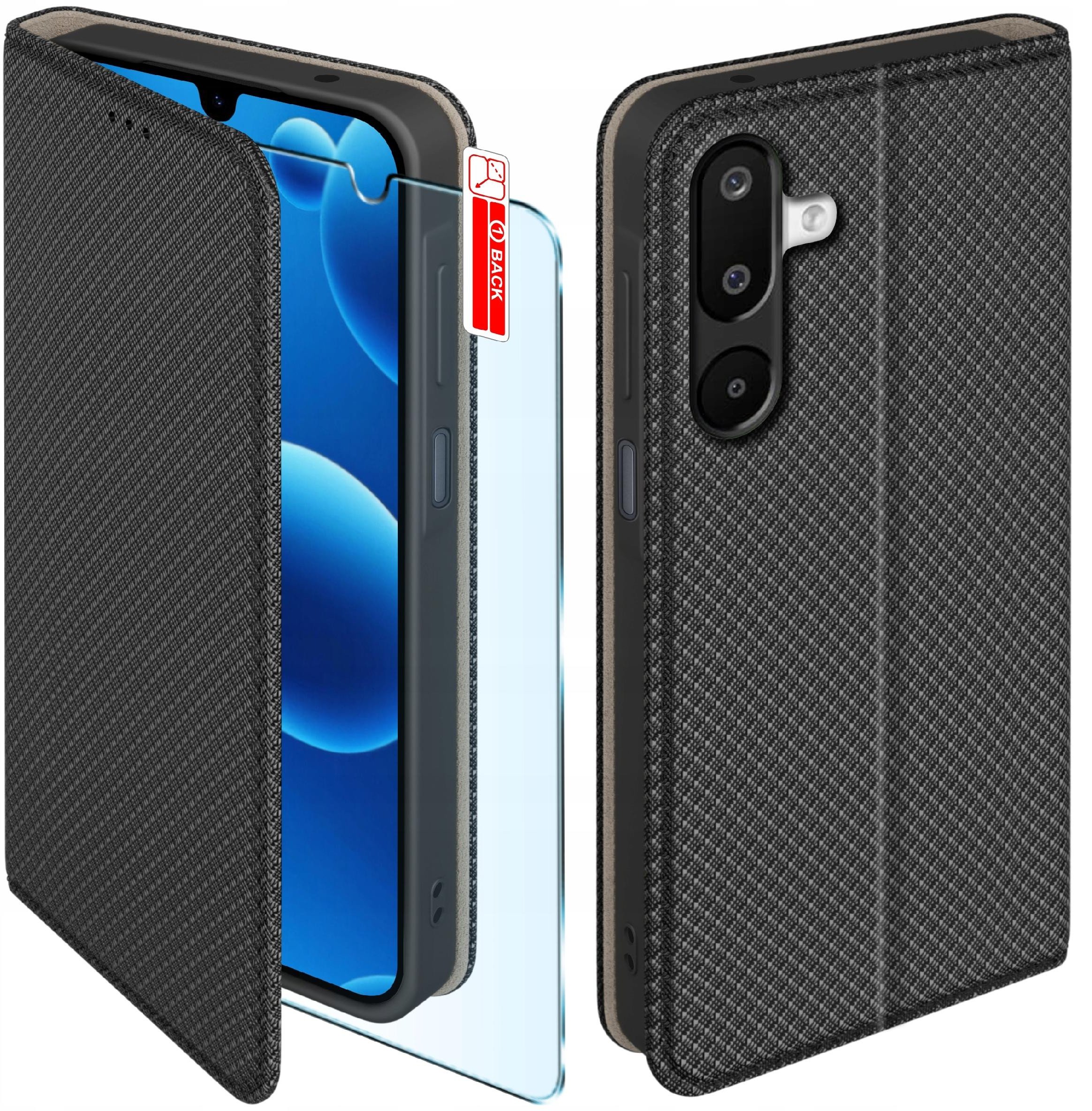 Etui z klapką do Samsung M16 5G Zamykane Czarne Futerał + Szkło 9H