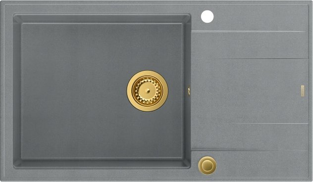 Zlewozmywak GraniteQ EVAN 136 XL GraniteQ zlewozmywak z syfonem Push To Open 1-komorowy z/o (860x500x210; kom. 420x490) silver stone / elementy złote