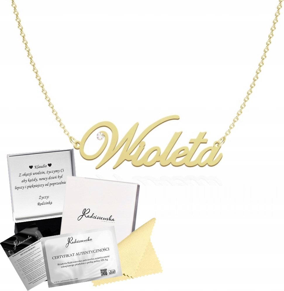 Radziszewska Jewellery Złoty Naszyjnik z Imieniem WIOLETA Łańcuszek SREBRO 925 Prezent Dedykacja