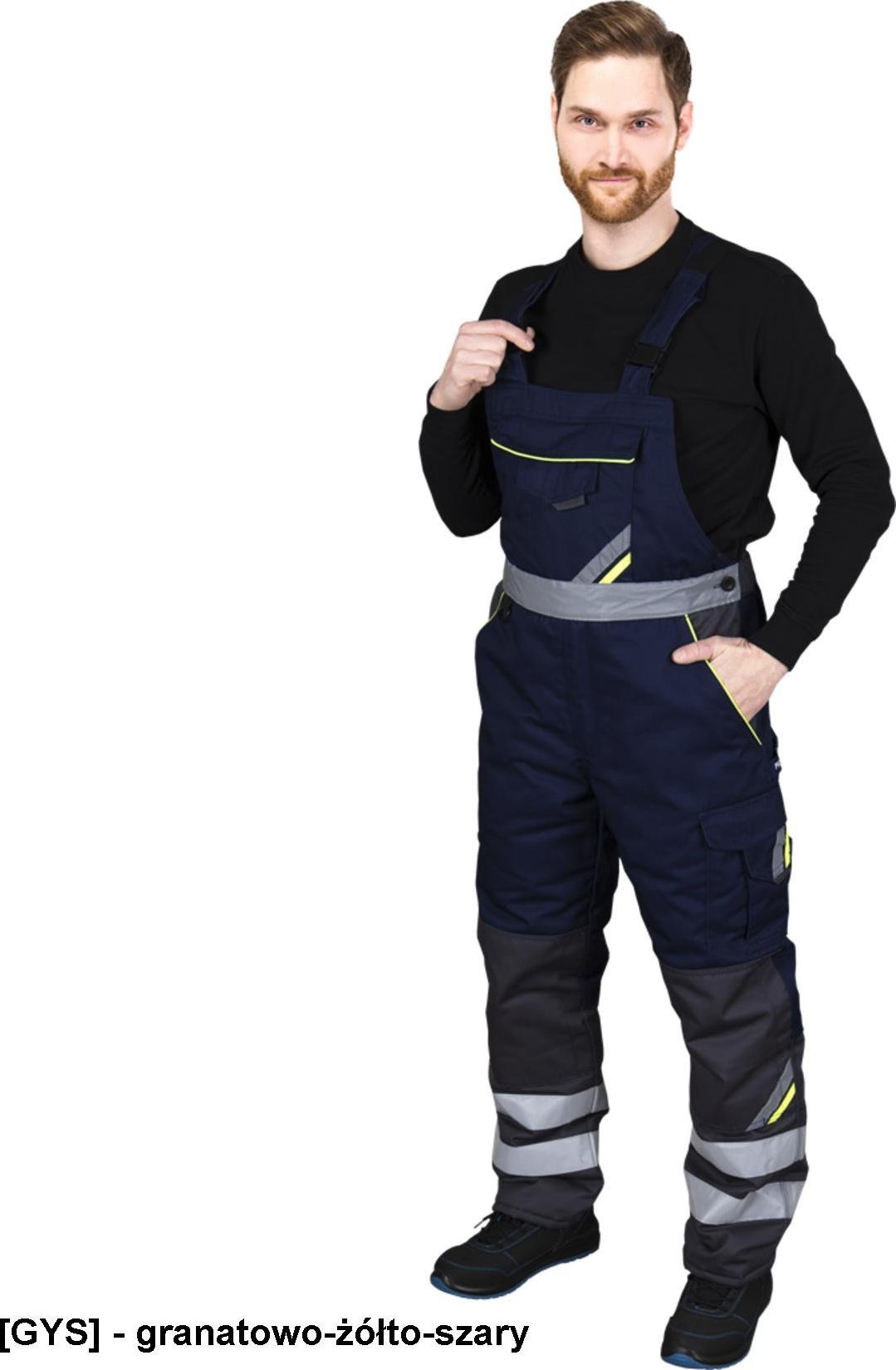 R.E.I.S. PROM-WIN-B - spodnie ochronne ogrodniczki ocieplane, tkane, wiele kieszeni, kieszenie na nakolanniki, pasy odblaskowe, gumka w pasie, 65% po