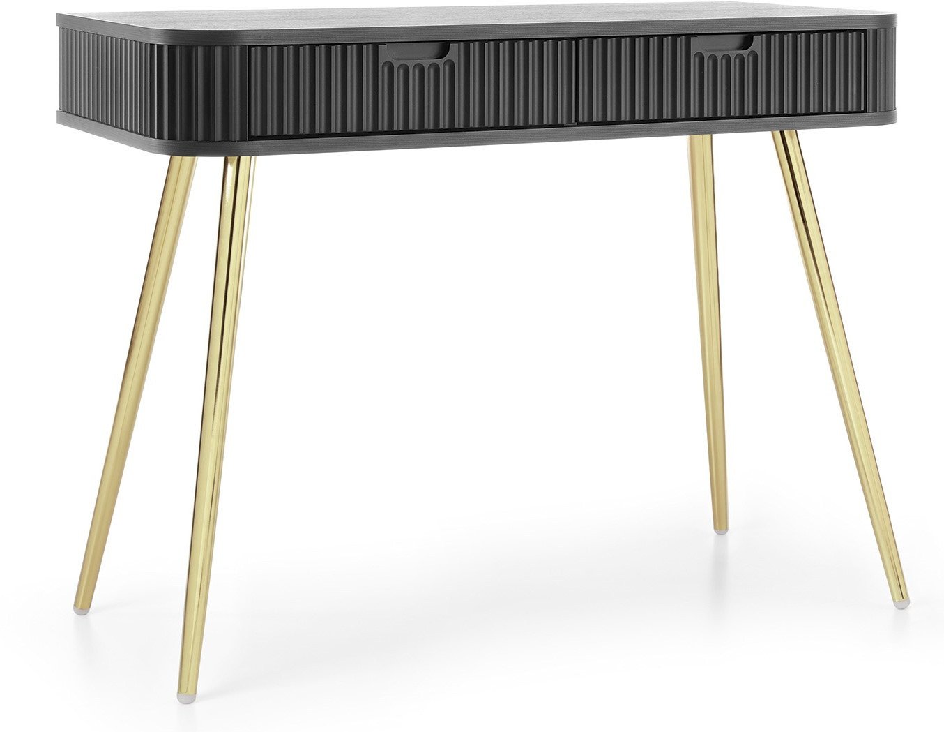 Toaletka Porto 110 cm z dwoma szufladą i ryflowanymi frontami w kolorze czarnym + złote nogi