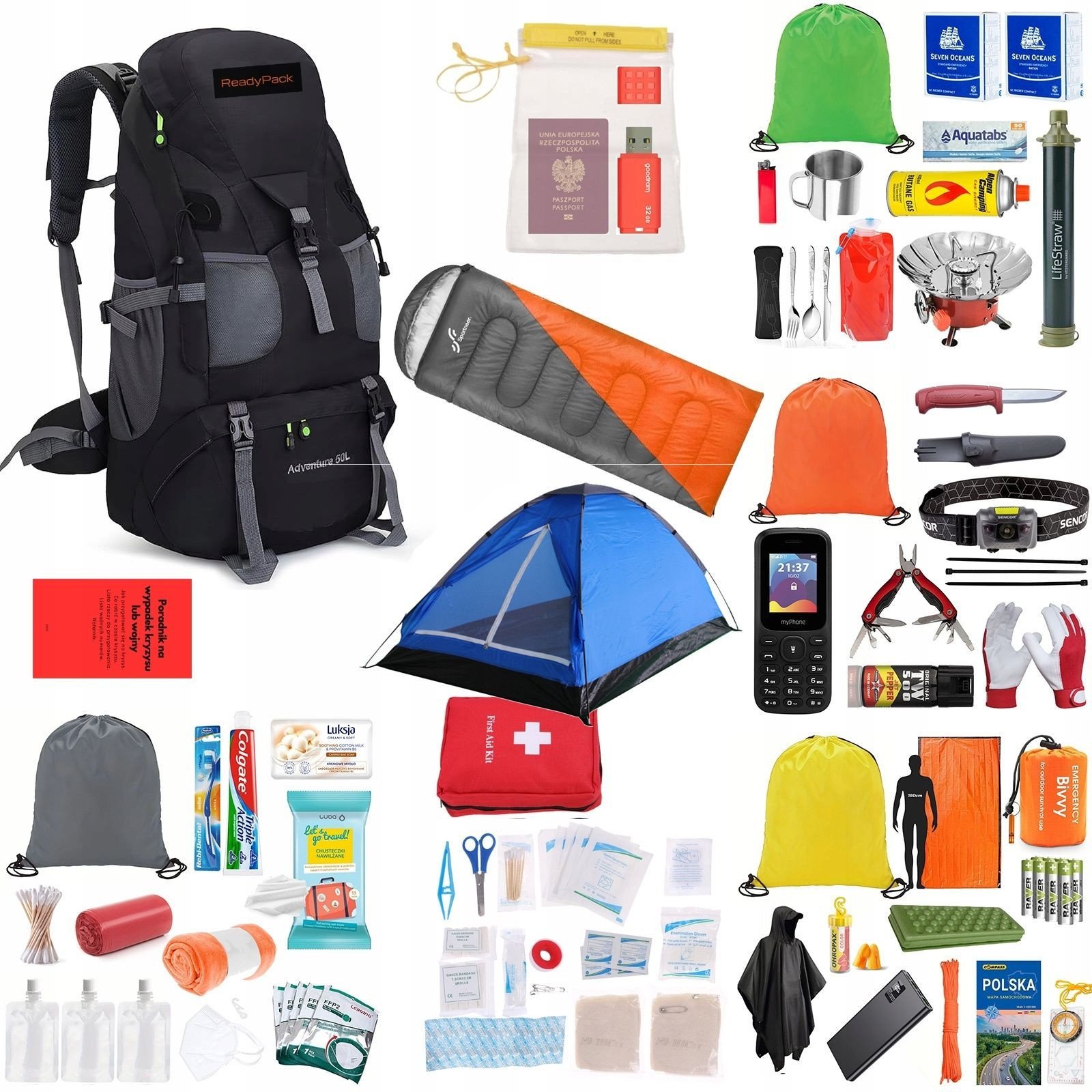 Plecak Ewakuacyjny + Wyposażenie ReadyPack X2 Zestaw Namiot Śpiwór Jedzenie/ ReadyPack X2 Czarny
