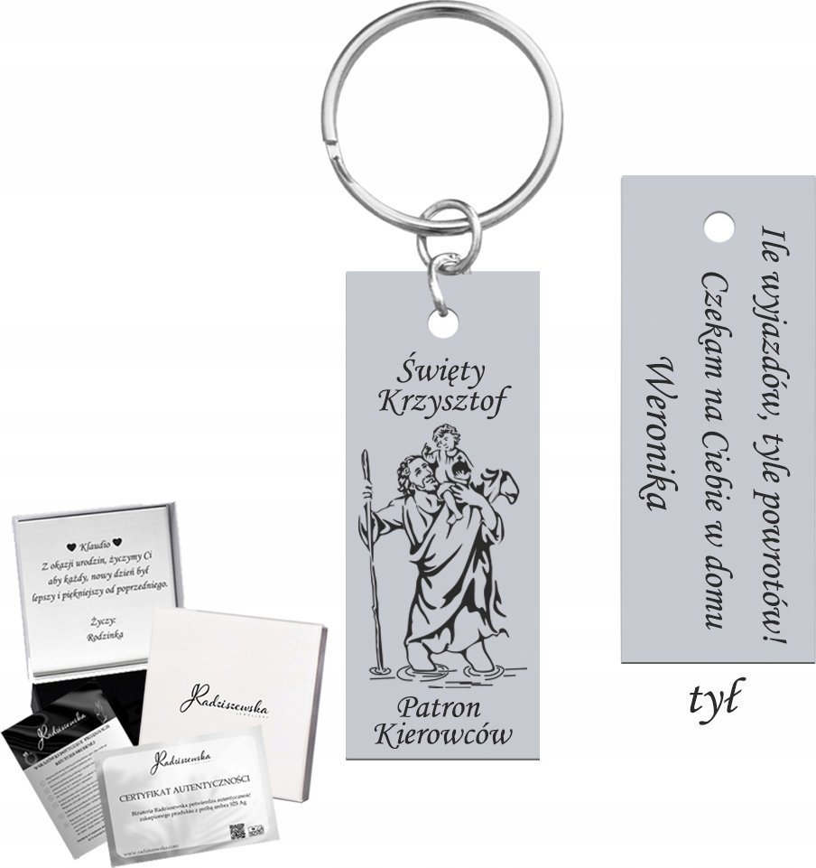 Radziszewska Jewellery Brelok do Kluczy Święty Krzysztof z Grawerem Prezent Dzień Ojca ŻYCZENIA