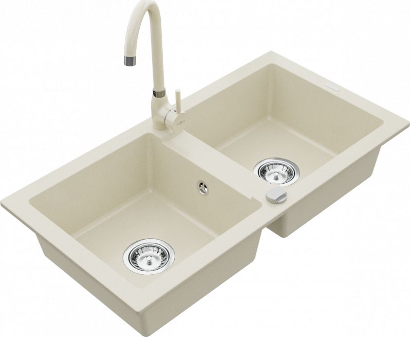 Zlewozmywak Mexen Mario zlewozmywak granitowy 2-komorowy z baterią kuchenną Telma, beżowy - 6504-69-670200-69