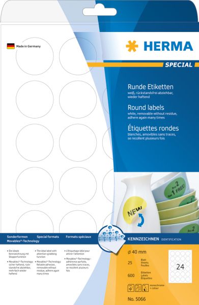 Herma Etykiety odklejalne Movables okrągłe, białe, papier matowy, 600 szt. (5066)