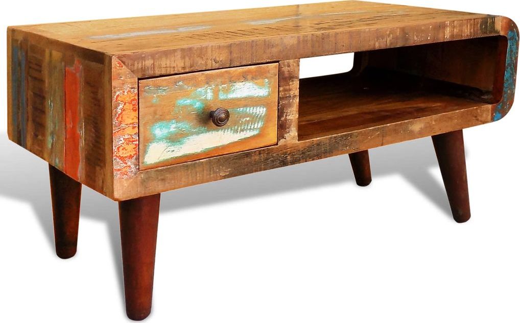 vidaXL Stolik kawowy z zaokrąglonym brzegiem i szufladą, drewno odzyskane