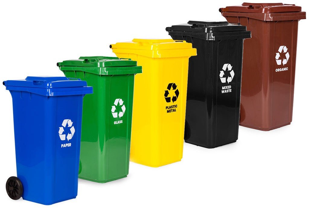 Zestaw 5 koszy na śmieci pojemniki 5x120L niebieski zielony żółty czarny brązowy makulatura szkło plastik odpady zmieszane BIO g EDUKAMP