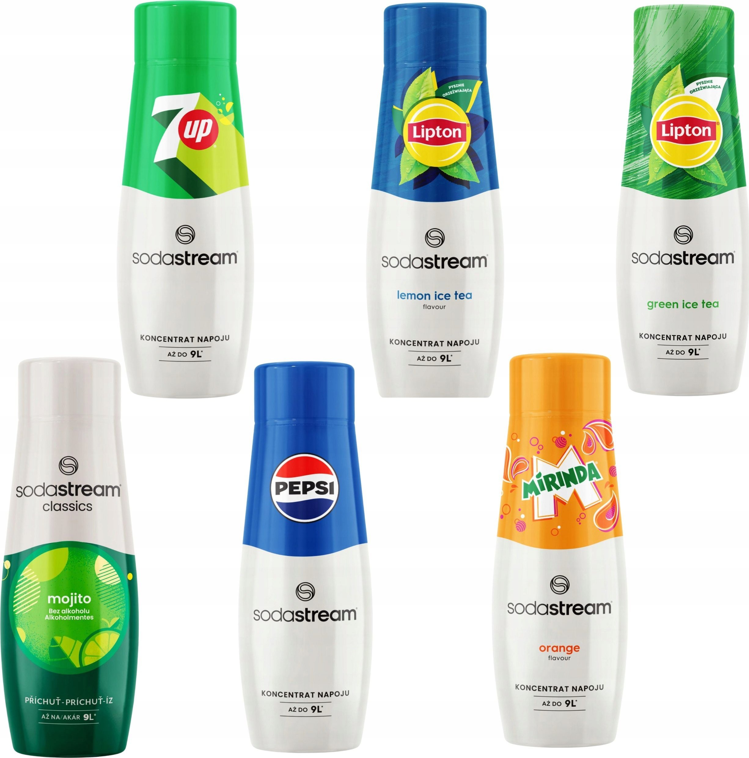 ZESTAW SYROPÓW SODASTREAM PEPSI, MIRINDA, 7UP, MOJITO, LIPTON LEMON, GREEN