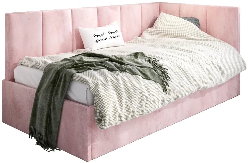 Łóżko młodzieżowe AURA 120x200 różowe z tapicerowanym panelem L i pojemnikiem na pościel MKPOL