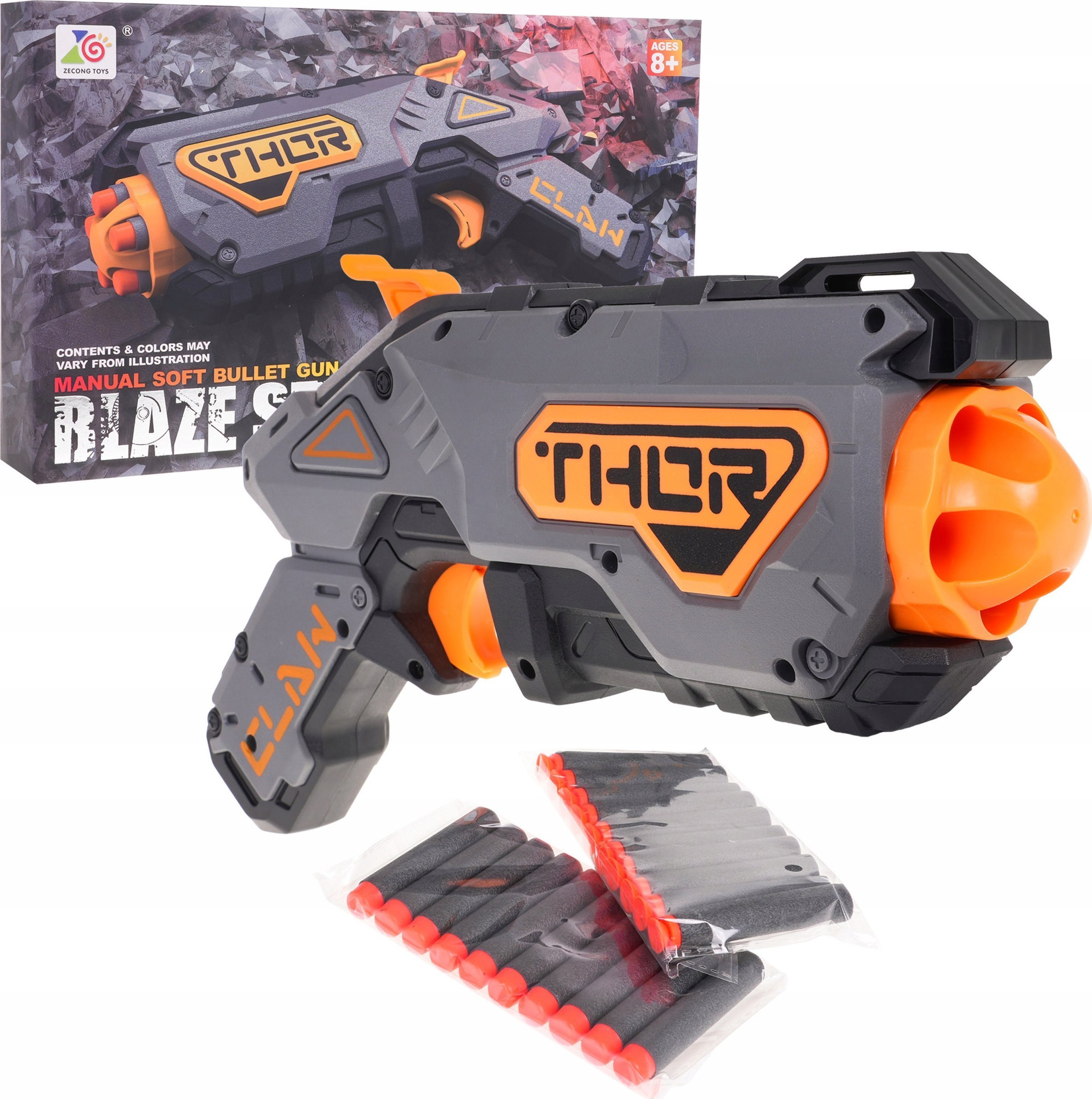 1DEA.me Manulany Pistolet Blaze Storm dla dzieci 8+ Szary + 20 Bezpiecznych Pocisków + Mechanizm Sprężynowy