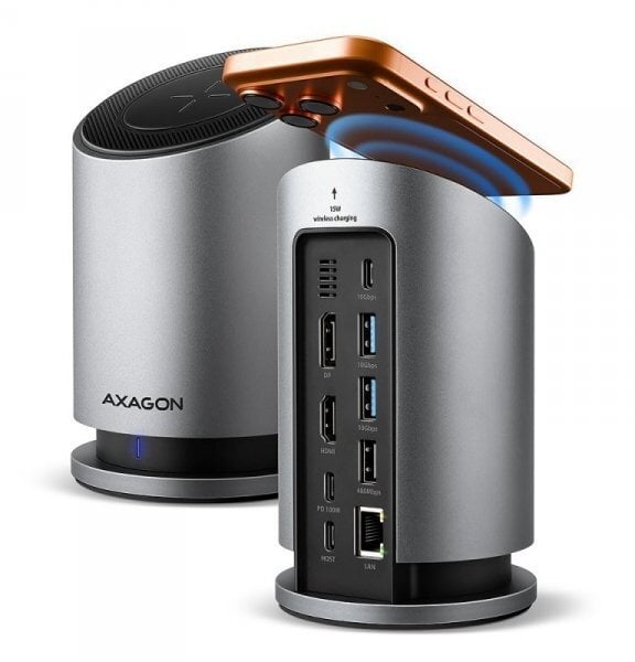 HUB USB Axagon HMC-WL9, USB 10Gbps hub s Qi, 3x USB-A, USB-C, HDMI & DP 4k/60Hz, RJ-45 GLAN, PD 100W, kabel USB-C 60cm
