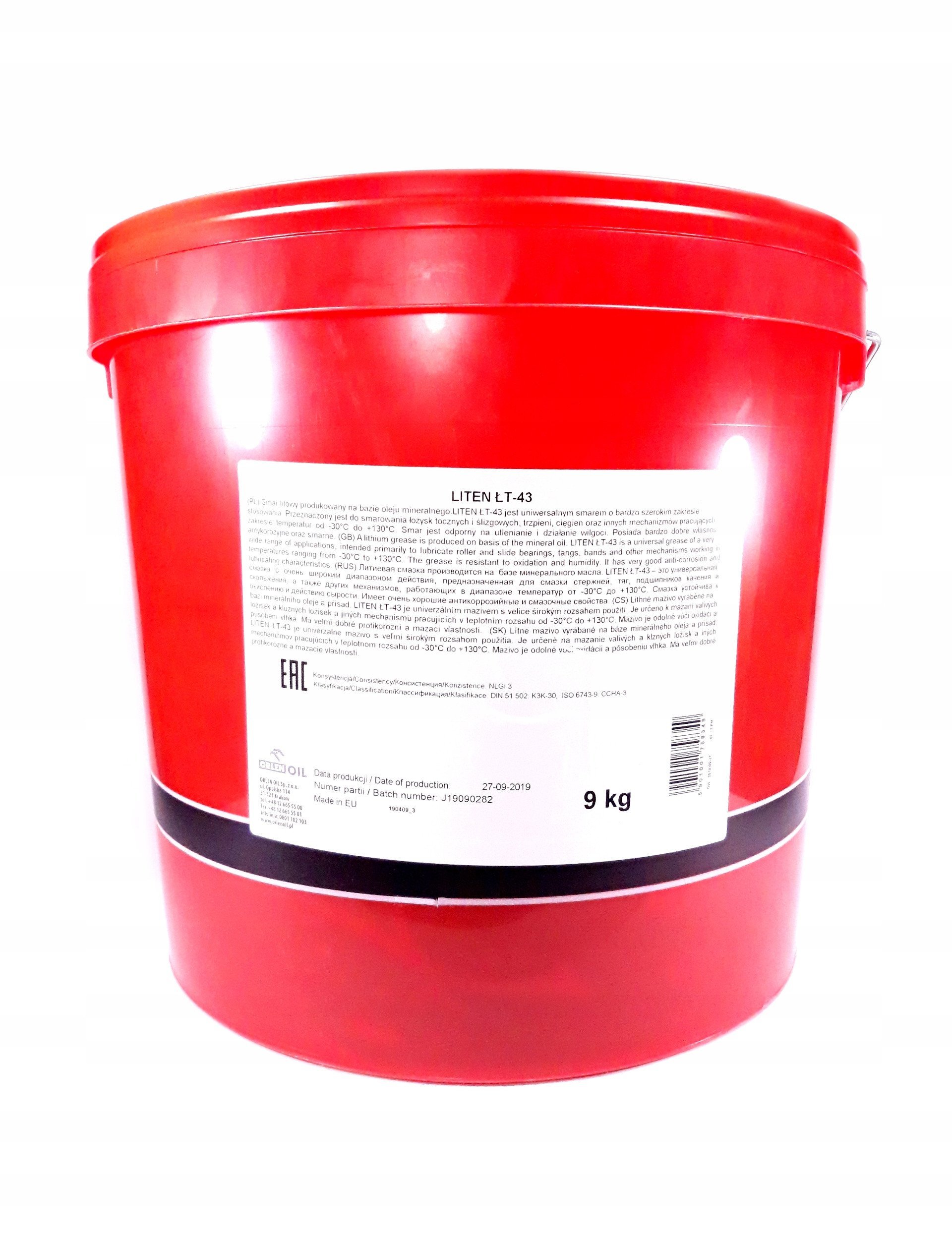 Smar do łożysk litowy LITEN LT (9KG), -30/+130°C, DIN 51 502: K3K-30, ISO 6743-9: CCHA-3, NLGI 3