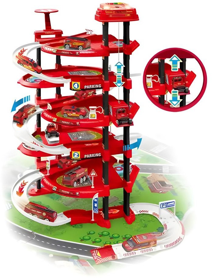 Garaż samochodowy XXL straż pożarna 5 poziomów + mata z miastem 82 elementy