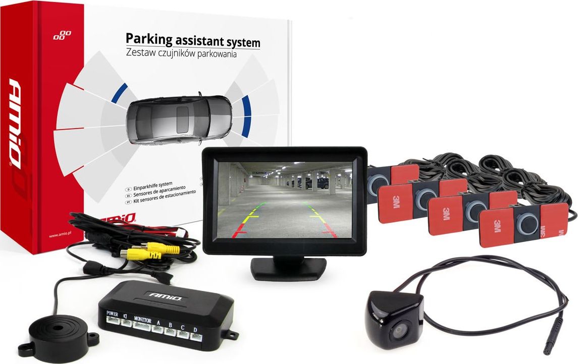 AMiO Zestaw czujników parkowania tft 4,3" z kamerą hd-310 4 sensory czarne wewnętrzne