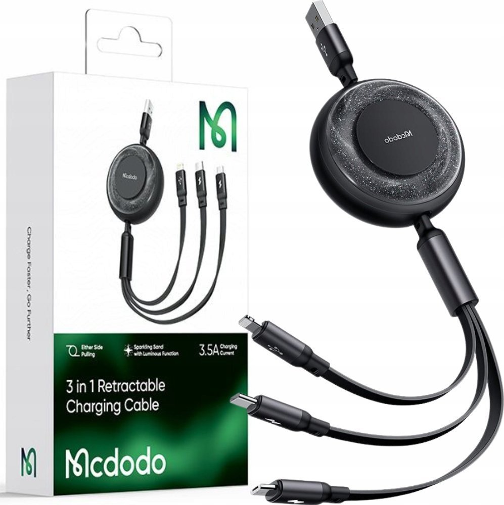 Ładowarka Mcdodo MCDODO KABEL USB 3W1 ZWIJANY SZYBKIE ŁADOWANIE USB-C LIGHTNING MICRO 66W