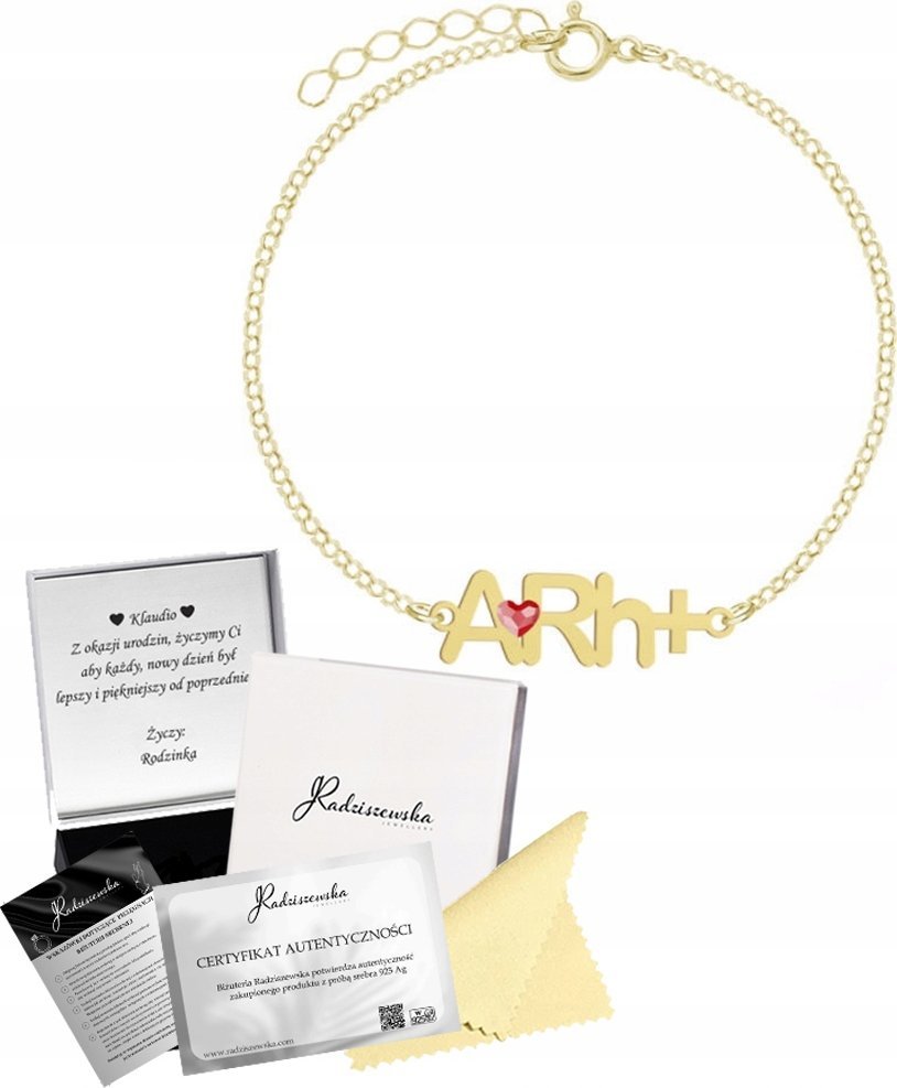 Radziszewska Jewellery ZŁOTA BRANSOLETKA GRUPA KRWI KRYSZTAŁ ŁAŃCUSZEK PREZENT DEDYKACJA GRATIS