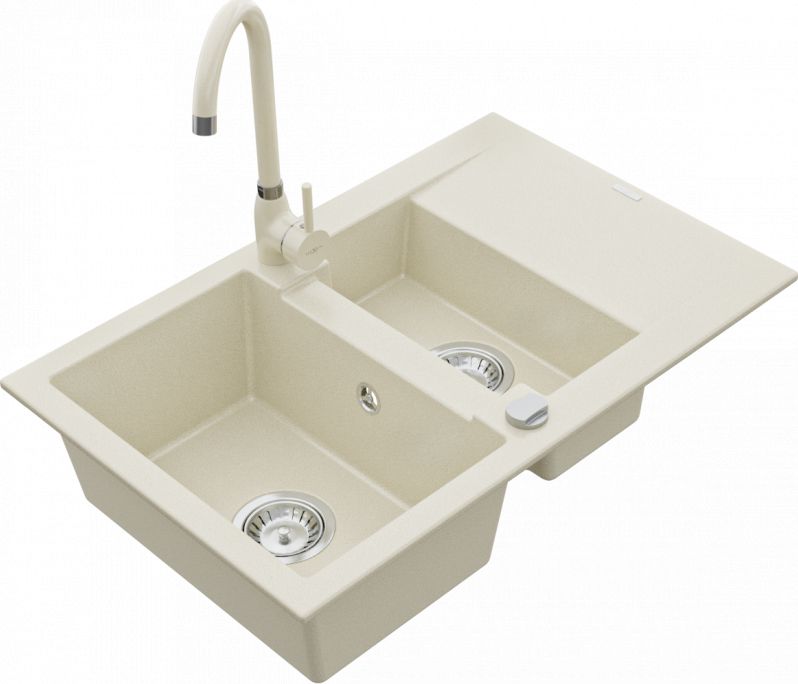Zlewozmywak Mexen Gaspar granitowy 1,5-komorowy z ociekaczem i baterią kuchenną Telma, beżowy - 6507-69-670200-69