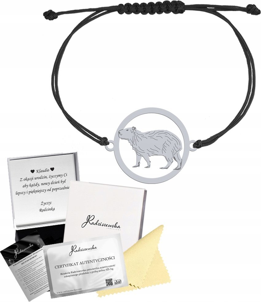 Radziszewska Jewellery Bransoletka Srebrna z KAPIBARĄ Sznurek Biżuteria Prezent GRAWER GRATIS