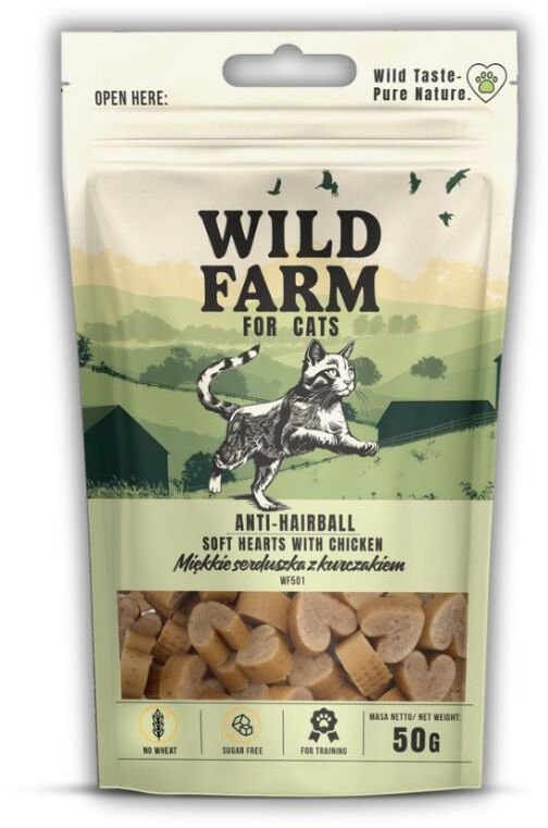 WILD FARM anti-hairball miękkie serca z kurczaka 50g przysmak dla kota