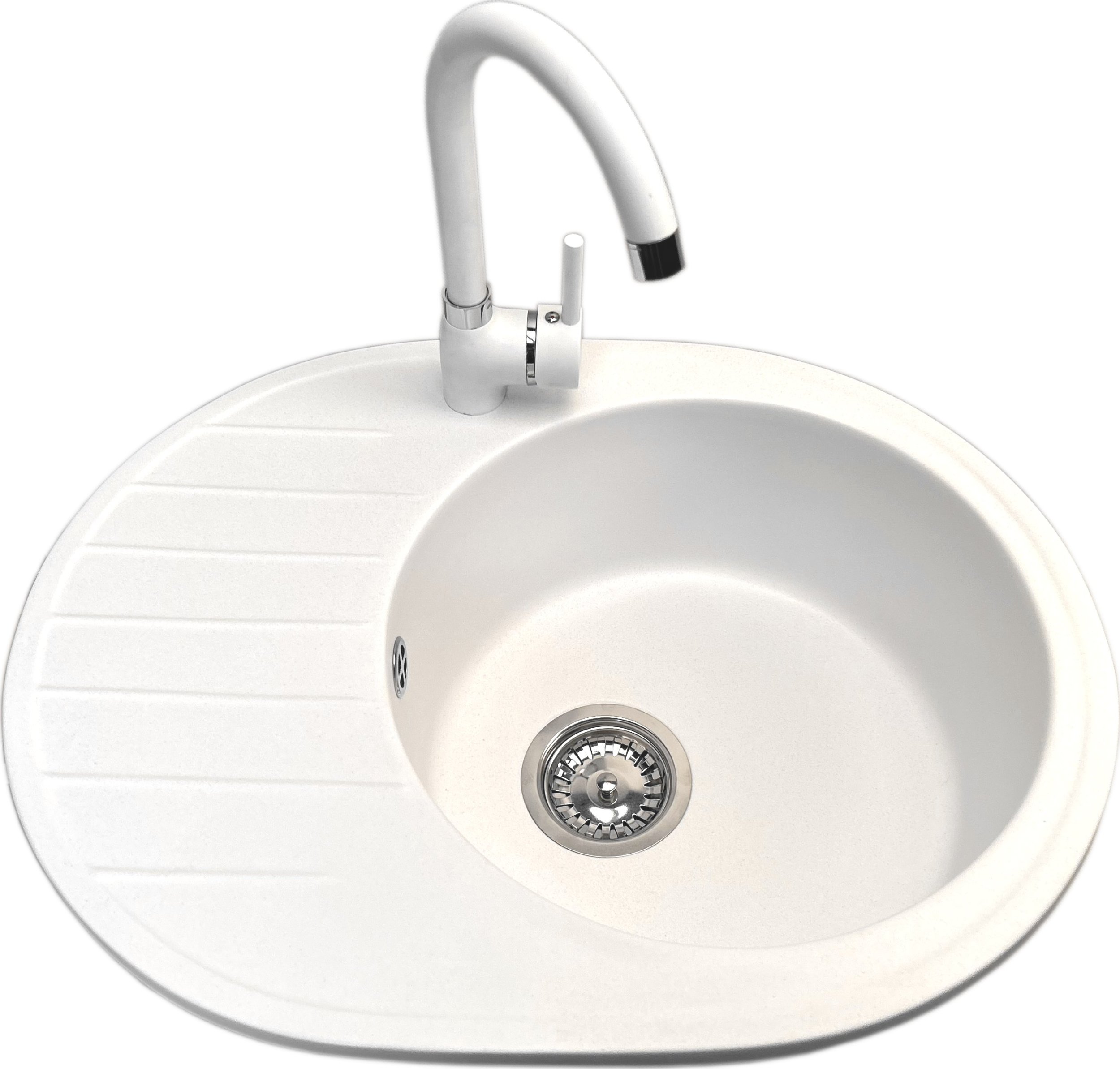 Zlewozmywak PREHNIT Zlewozmywak jednokomorowy z ociekaczem VISTA biały z lewym ociekaczem + bateria BETA