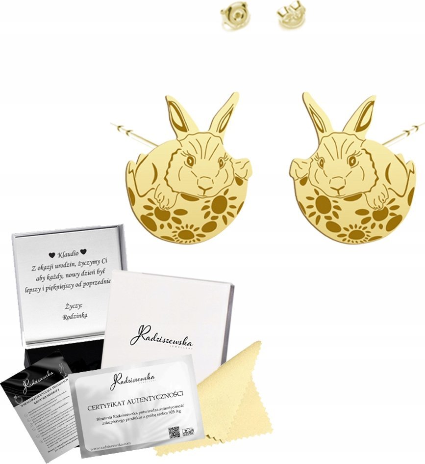 Radziszewska Jewellery Kolczyki Złote z Zajączkiem Wielkanocnym SREBRO 925 Prezent ŻYCZENIA GRATIS