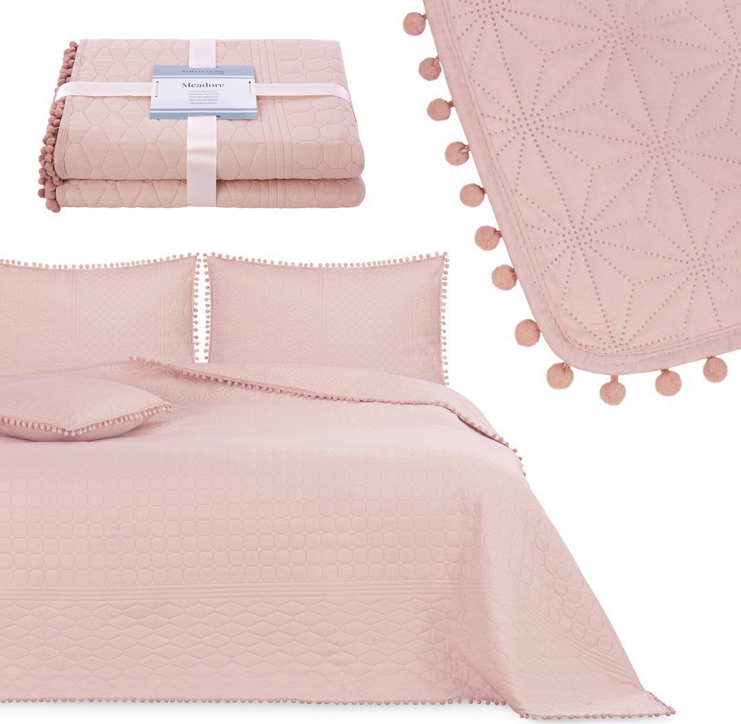 AmeliaHome AmeliaHome Narzuta pikowana z pomponami MEADORE 170x270 pudrowa