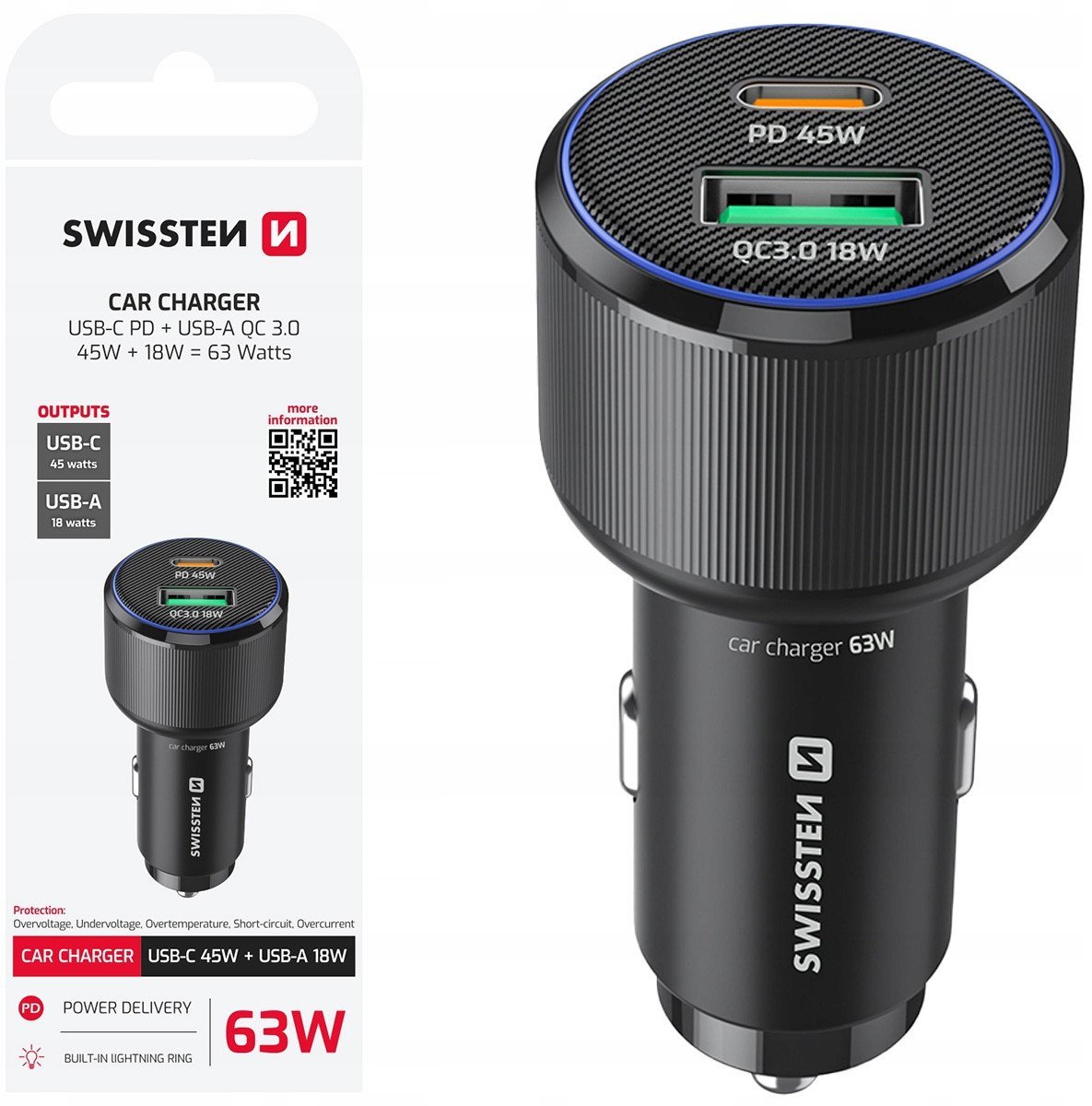 Swissten Car Charger USB-C PD / USB 63W