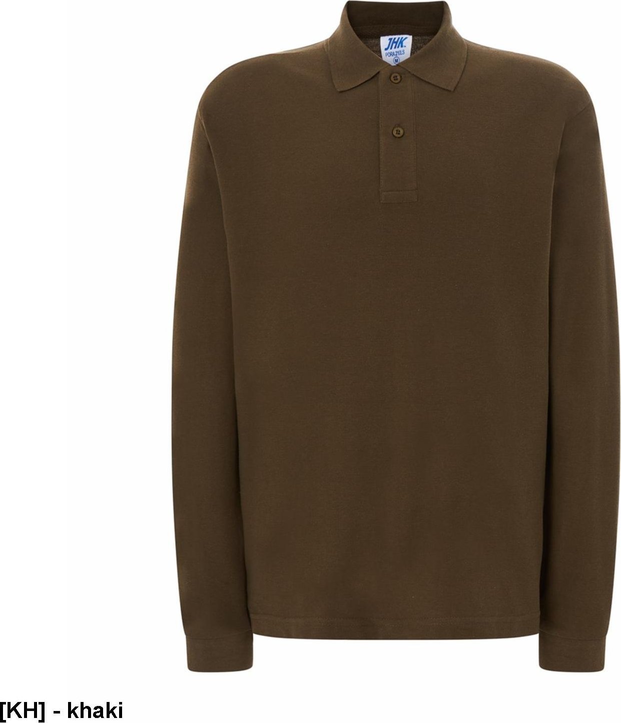 JHK PORA210LS - polo męskie długi rękaw, dwa guziki, boczne rozcięcia, dłuższe na pleach, 100% bawełna 200 - 210g - khaki S