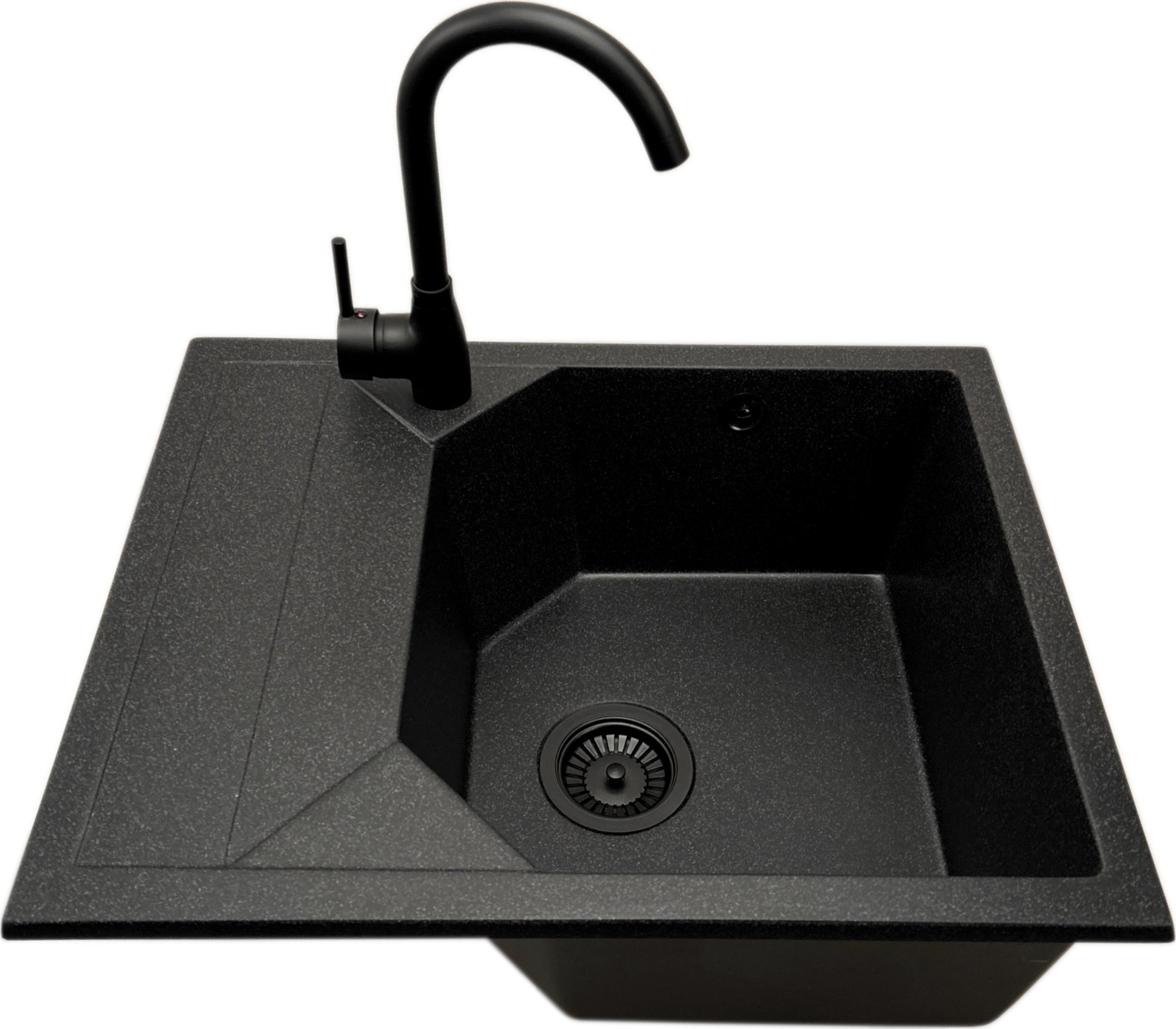 Zlewozmywak PREHNIT Zlewozmywak jednokomorowy z ociekaczem POLLO grafit z lewym ociekaczem + bateria + syfon czarny