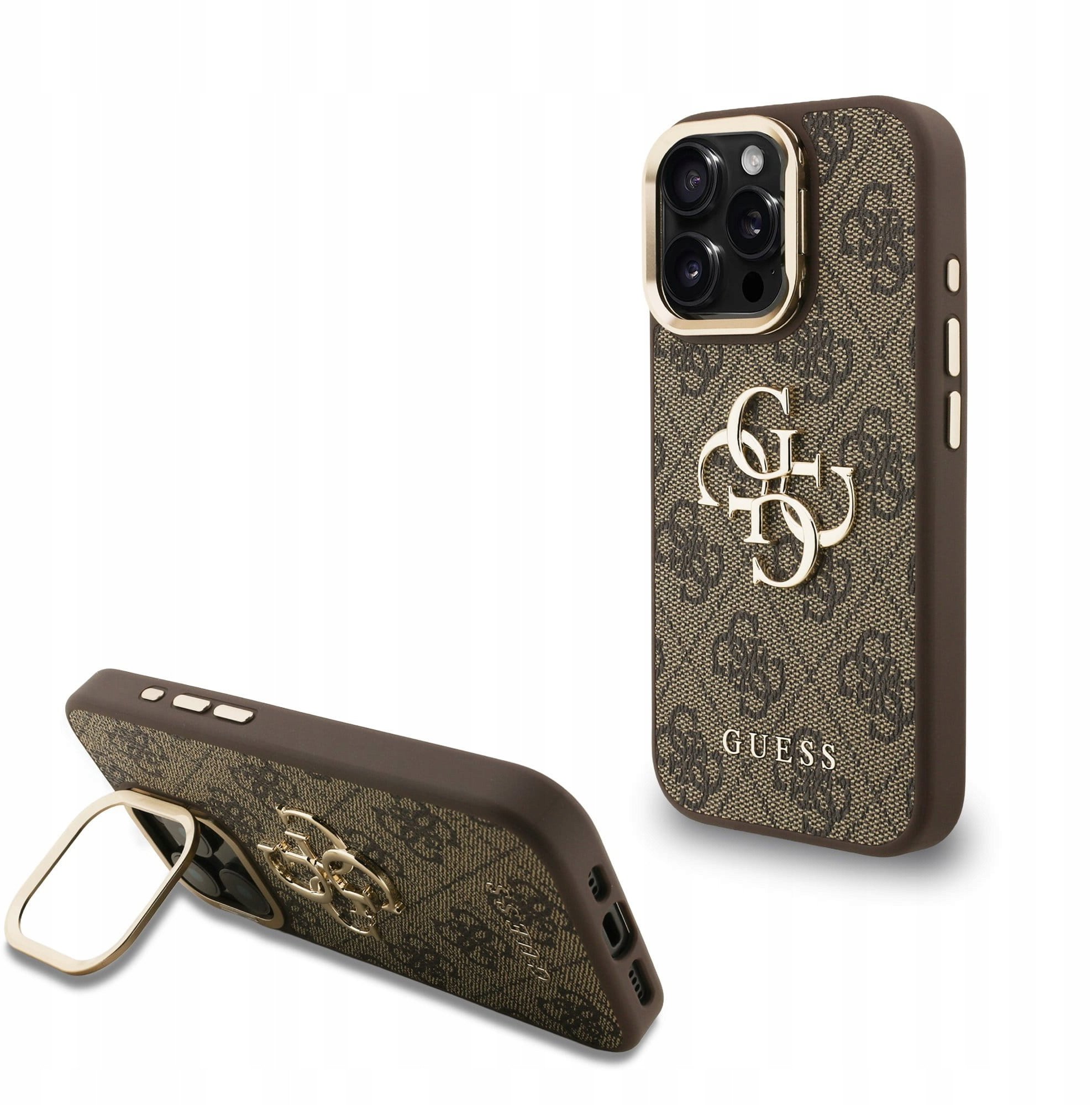 Guess Pu 4G Metal Logo Stand Etui Do Iphone 15 Pro Brąz