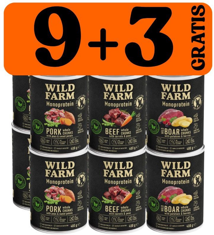 WILD FARM Monoprotein Mix smaków 9x400g + 3x400g GRATIS