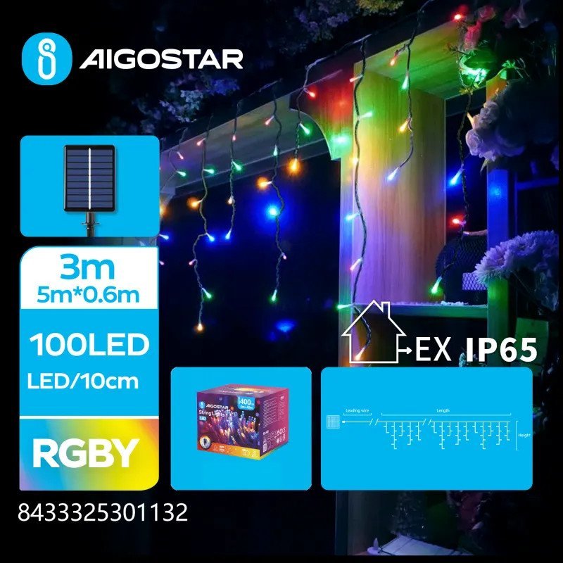 Lampki choinkowe Aigostar Solarne lampki sople fala 100led multikolor 5m * 0,6m Solarna płaska taśma świetlna sople fala, RGBY, 3m + 5m * 0,6m