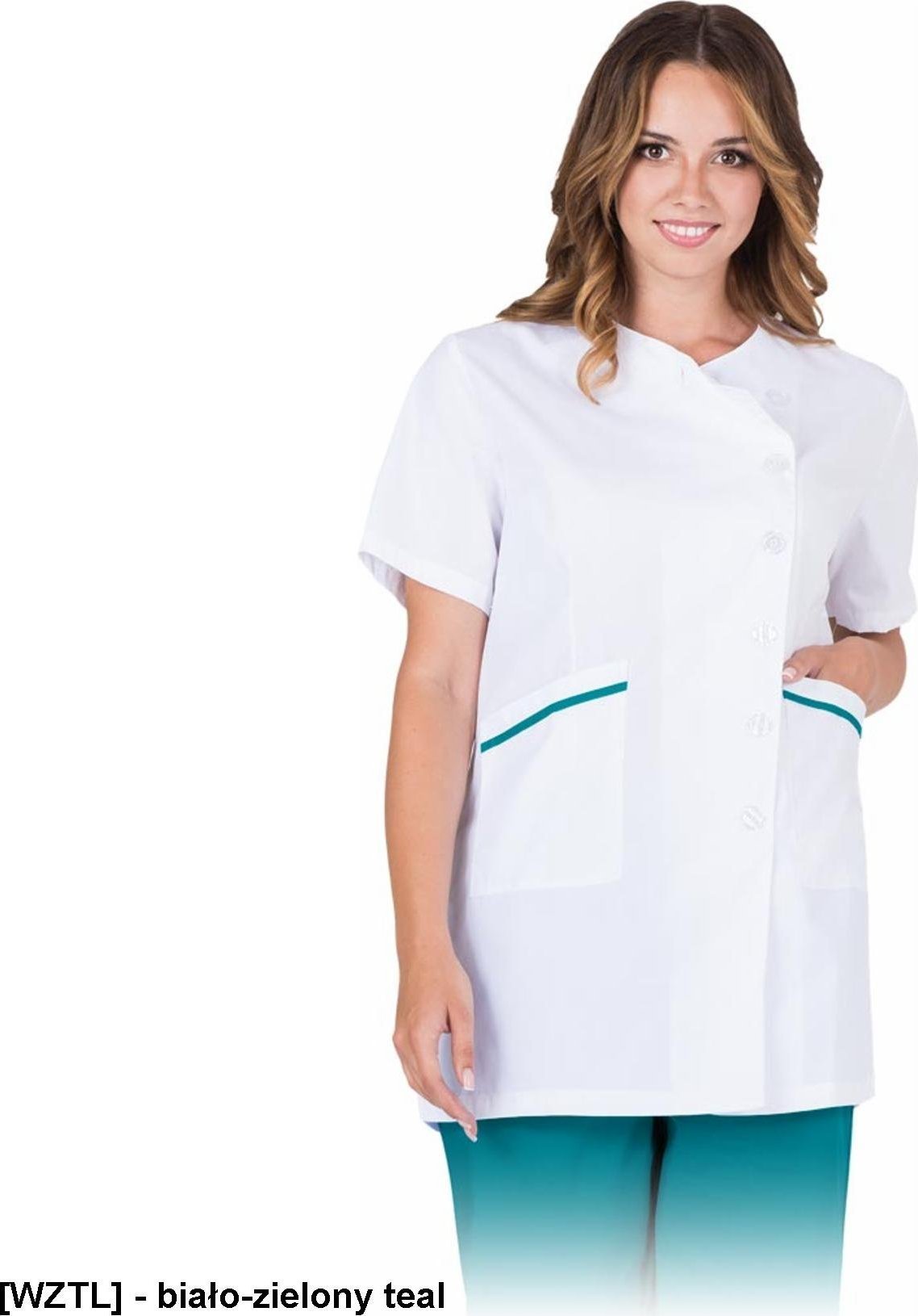 R.E.I.S. NONA-J - bluza damska z krótkim rękawem , 65% poliester, 35% bawełna, 175 g/m, zapinana na guziki - biało-zielony teal S