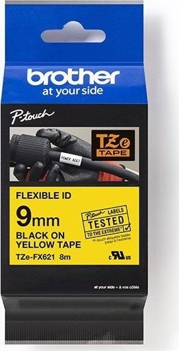 Brother Brother oryginalny taśma do drukarek etykiet, Brother, TZEFX621, czarny druk/żółty podkład, laminowane, 8m, 9mm, flexibilní