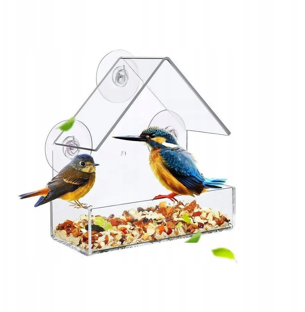 Przezroczysty KARMNIK DLA PTAKÓW na OKNO SZYBĘ PRZYSSAWKI WIDAĆ PTAKI