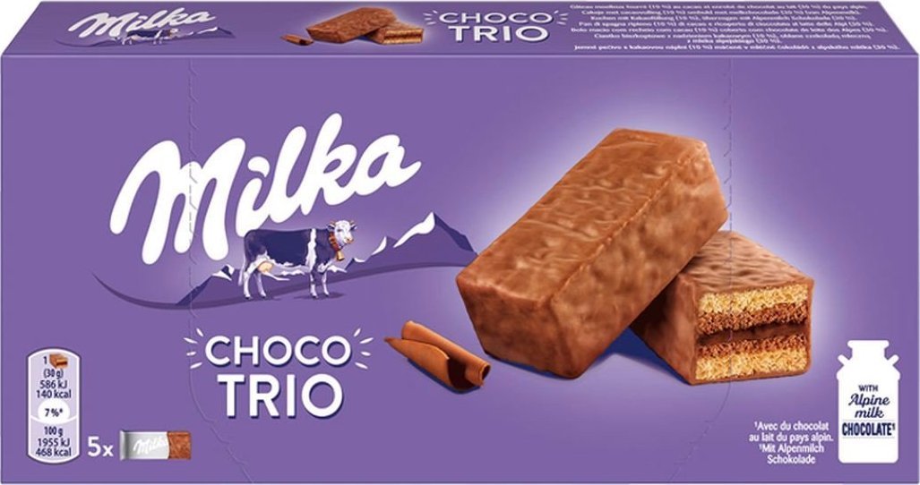 Milka Choco Trio Ciastko biszkoptowe z nadzieniem kakaowym oblane czekoladą mleczną 150 g (5 sztuk)