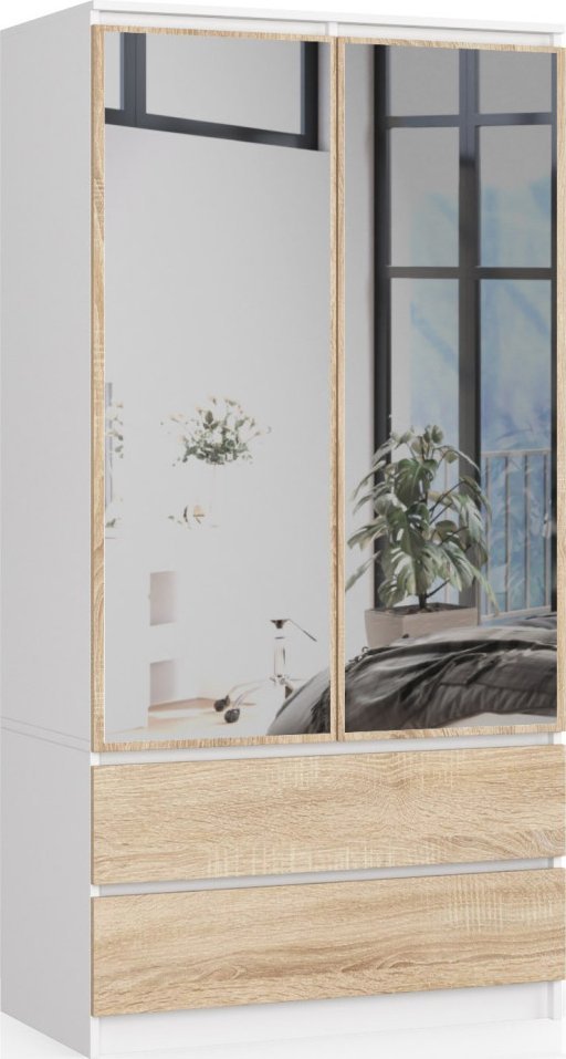 Fabryka Mebli Akord SZAFA S 90 cm 2 DRZWI 2 SZUFLADY 2 LUSTRA BIAŁA / SONOMA