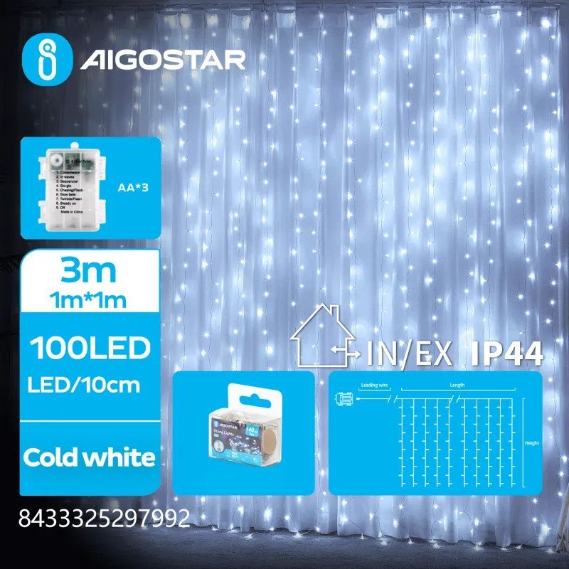 Lampki choinkowe Aigostar Lampki choinkowe kurtyna 100led na 3 baterie AA, Zimna biel, 1m *1m Lampki choinkowe kurtyna 100led na 3 baterie AA, Zimna