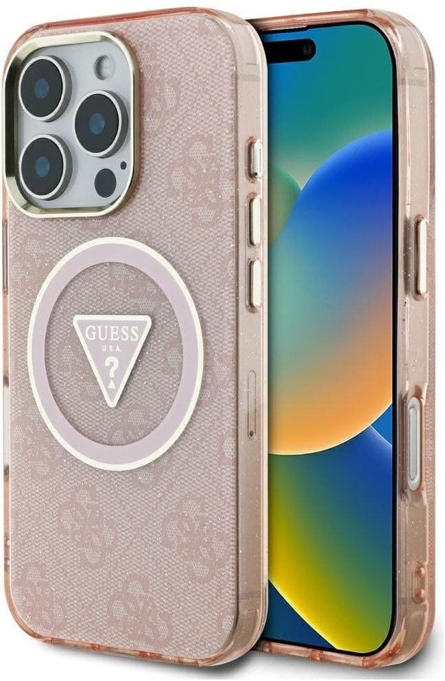 Case Guess IML Metal Glitter 4G Circle Triangle MagSafe for iPhone 16 Pro pink
