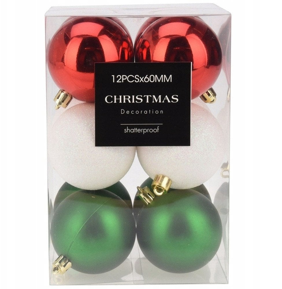 Bombki choinkowe nietłukące czerwone zielone białe 6 cm 12 szt.