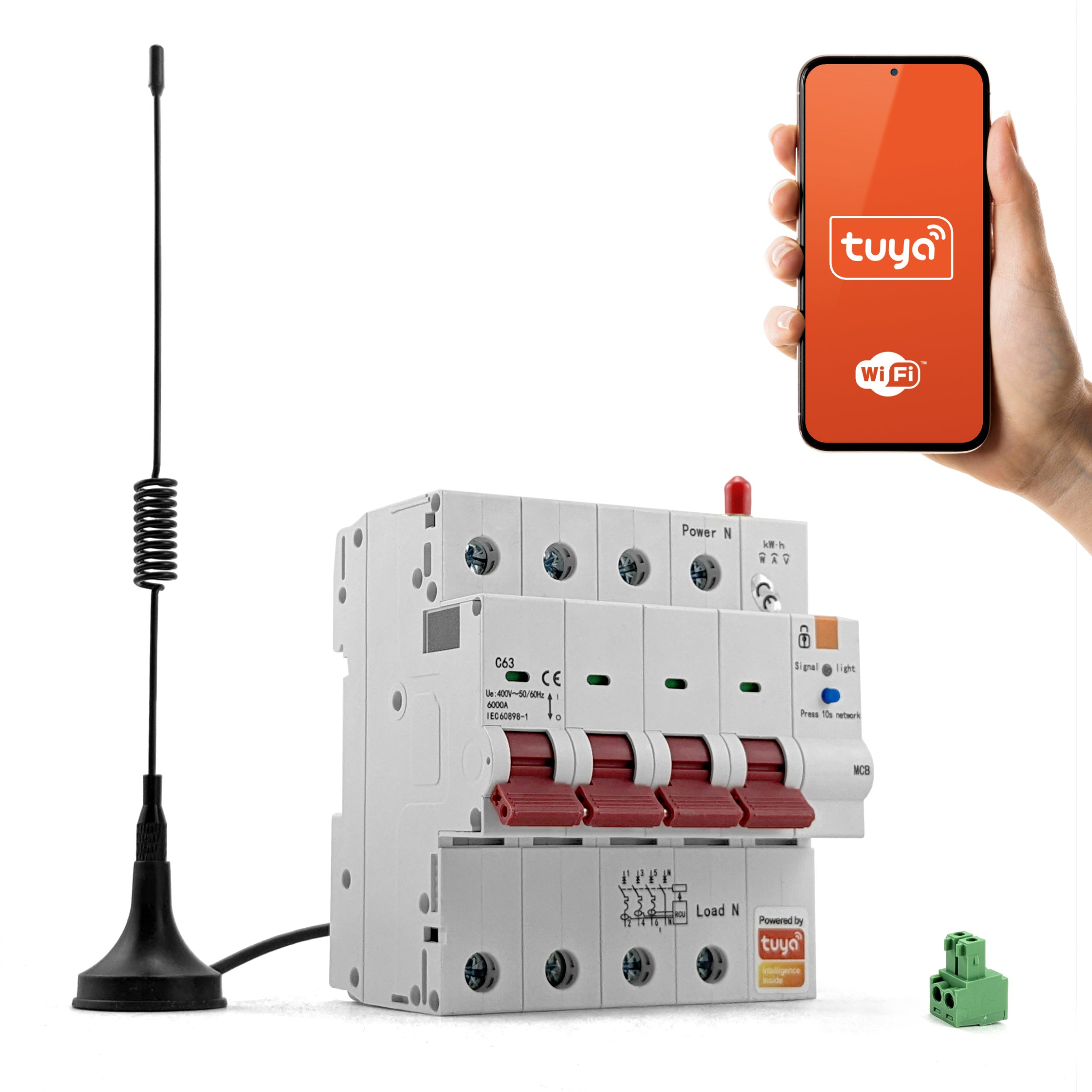 Bezpiecznik 3 Fazy Wyłącznik WiFi 4P Tuya 63A 6KV Pomiar Energii Antena