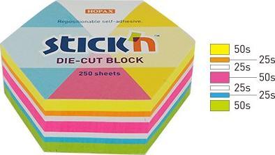 Stickn Notes sześciokąt, 61x70mm, mix 5 kol. neon+biały, 250kart. Stick"n 21827