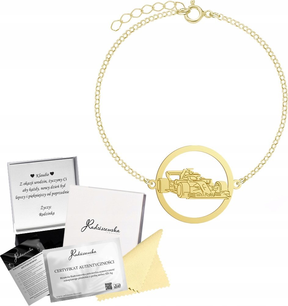 Radziszewska Jewellery Złota Bransoletka Bolid Formuła 1 Łańcuszek SREBRO 925 Prezent GRAWER