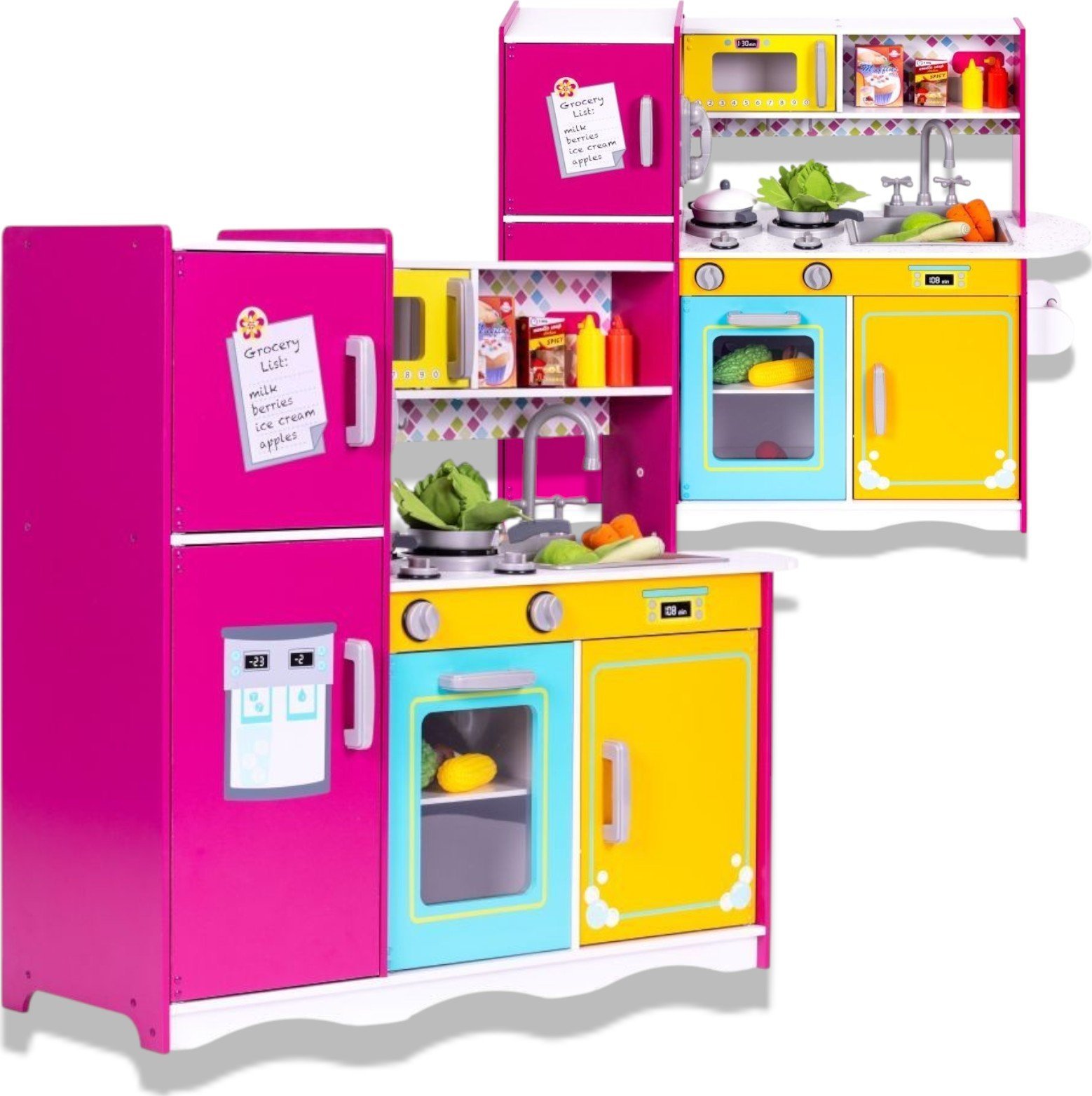 Drewniana kolorowa kuchnia z lodówką i piekarnikiem