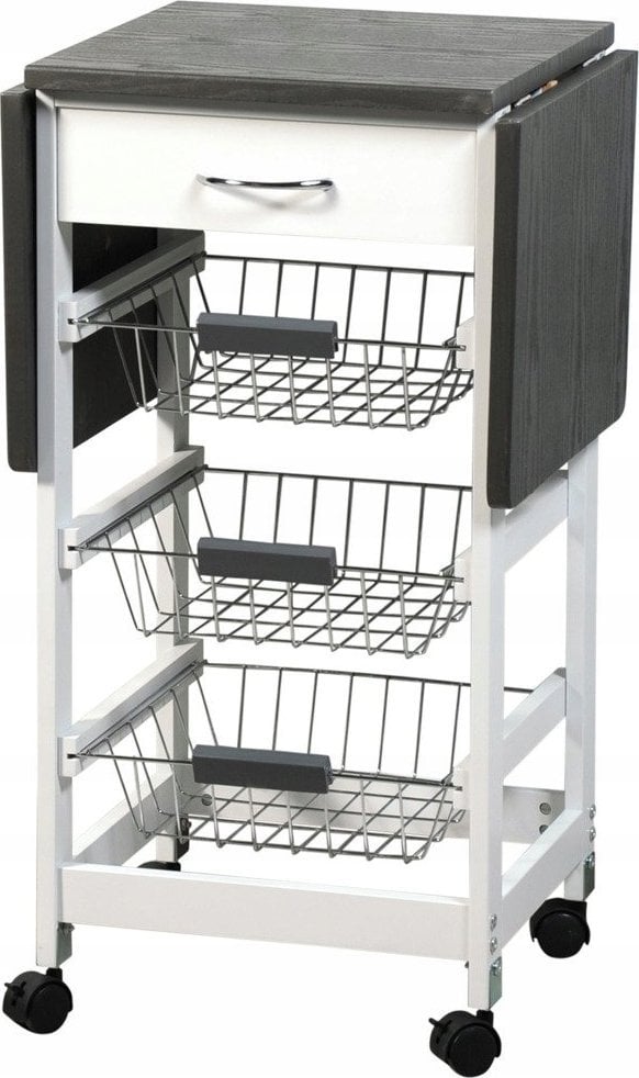 Kesper Biały barek kuchenny na kółkach z rozkładanym blatem w kolorze szarym
