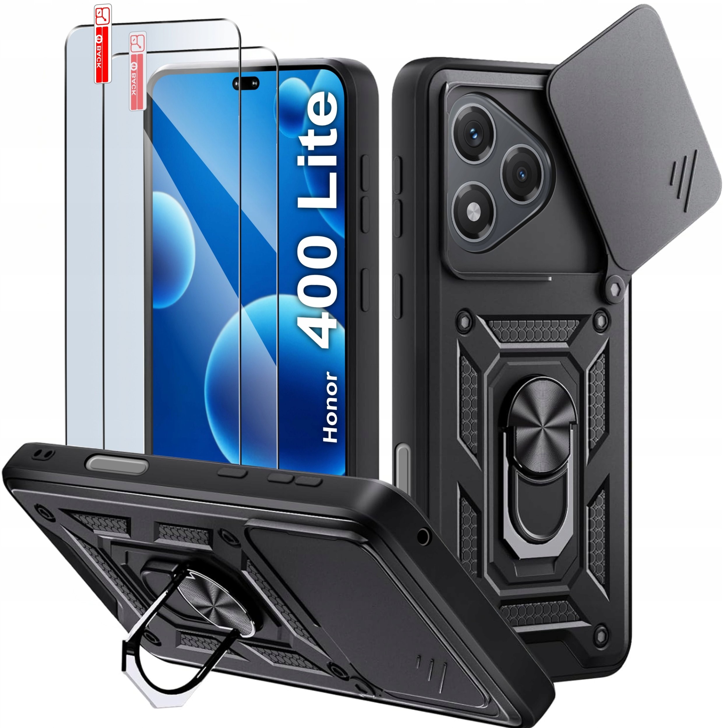 Etui Pancerne CZARNE SLIDE do Honor 400 Lite WZMACNIANE + 2x Szkło